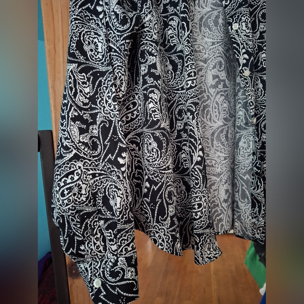 Chaps Classics Petites Black & White Paisley Women PL No Iron Soft Cotton Blouse - Picture 5 of 7